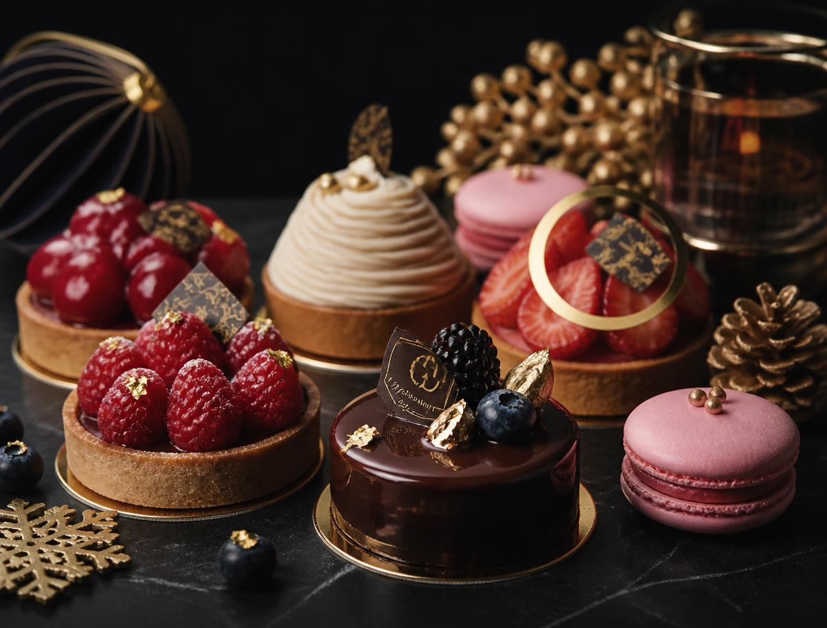 Seizoensgebakjes met goud en roze macarons