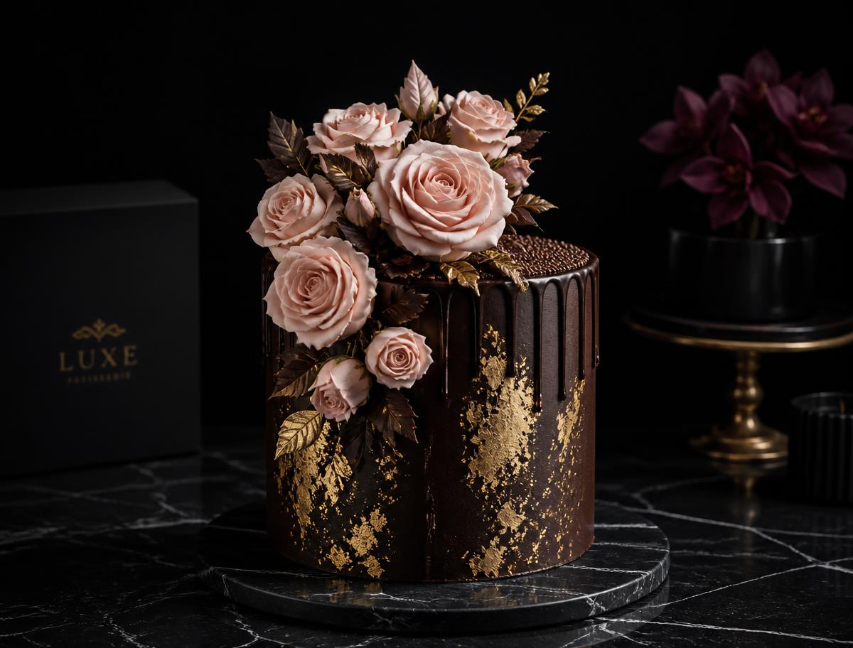 Chocoladetaart met goudblad en roze rozen